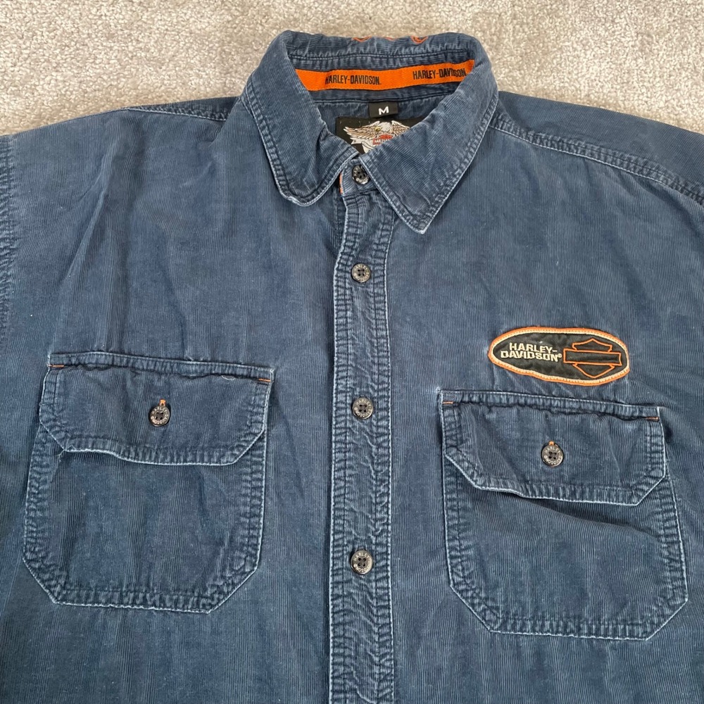 Harley Davidson Corduroy Shirt Mens Medium Work Shirt‎ Patch Garage Button Down